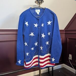 Vintage RAMIE Knit Quacker Factory USA Stars And Stripes Blue Cardigan Medium